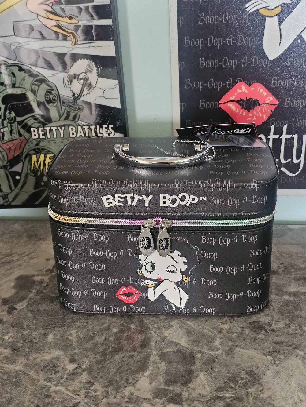 Betty Boop Black Cosmetic Train Case Set with Pink Accent Zippers